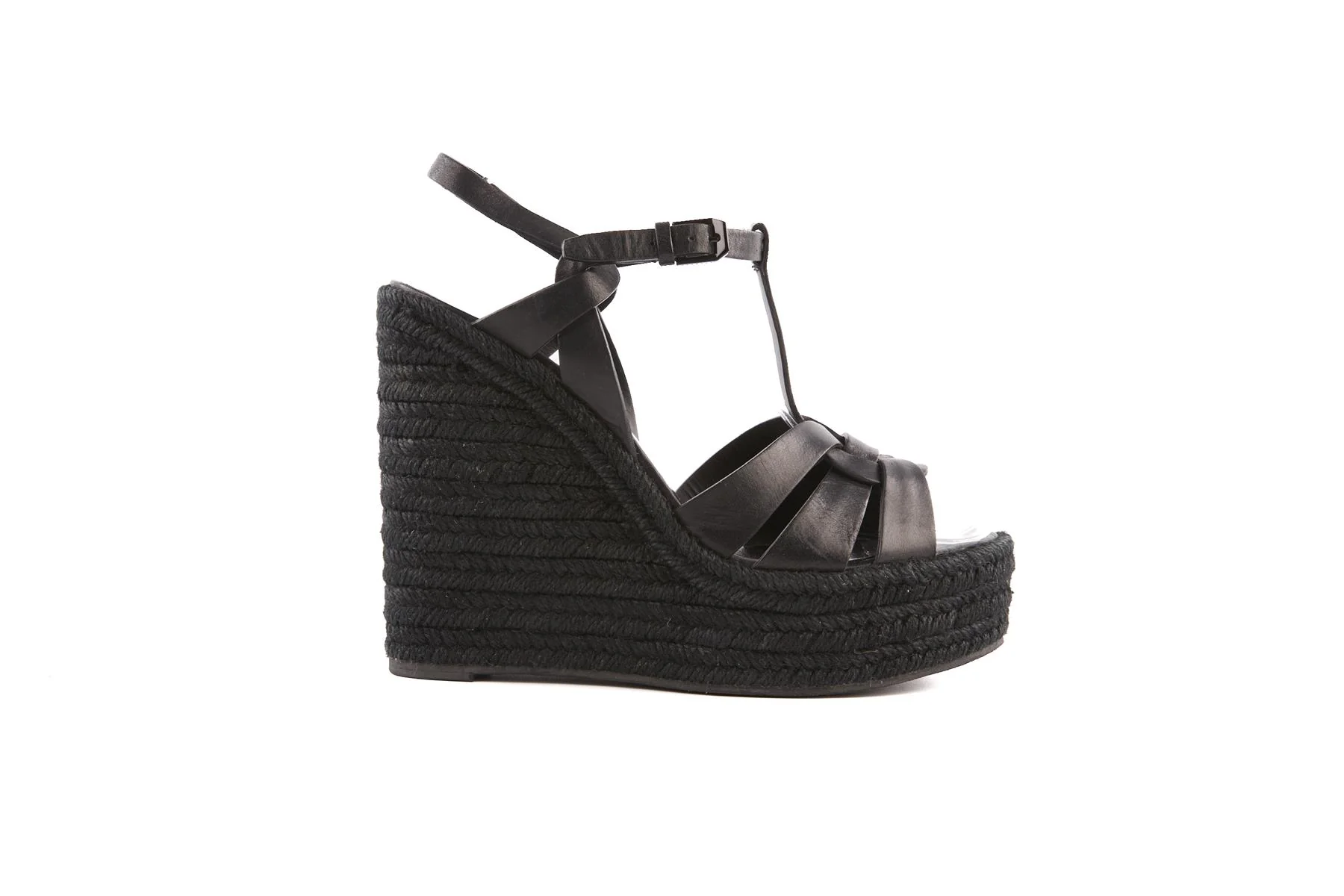 SAINT LAURENT BLACK TRIBUTE LEATHER WEDGE ESPADRILLES EU 40 UK 7 US 10 - Image 2