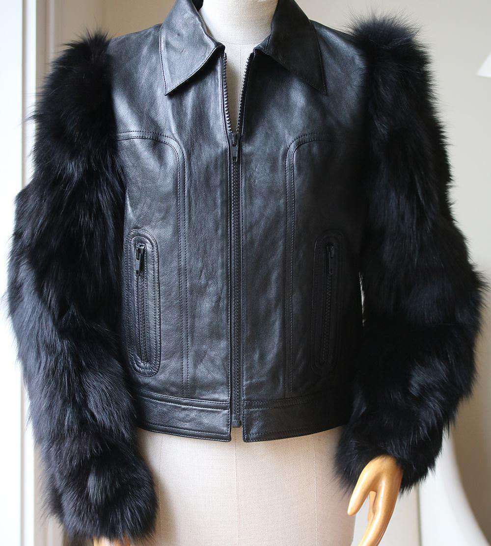SAINT LAURENT FOX FUR SLEEVES LEATHER JACKET FR 40 UK 12 - Image 2
