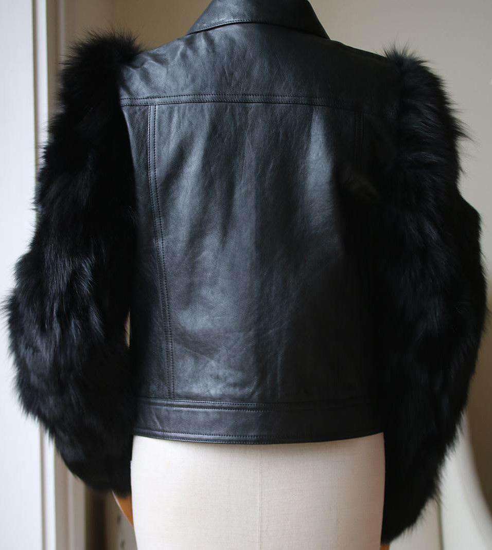 SAINT LAURENT FOX FUR SLEEVES LEATHER JACKET FR 40 UK 12 - Image 4