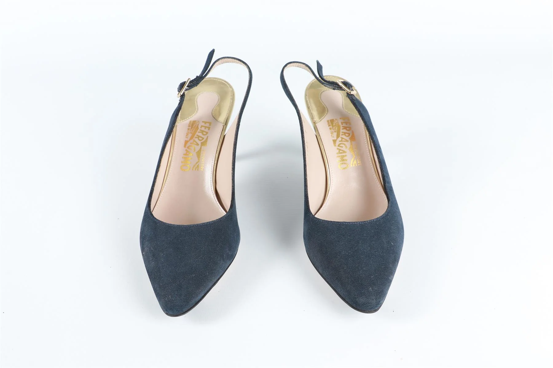 SALVATORE FERRAGAMO BLUE CANVAS SLINGBACK PUMPS - Image 3