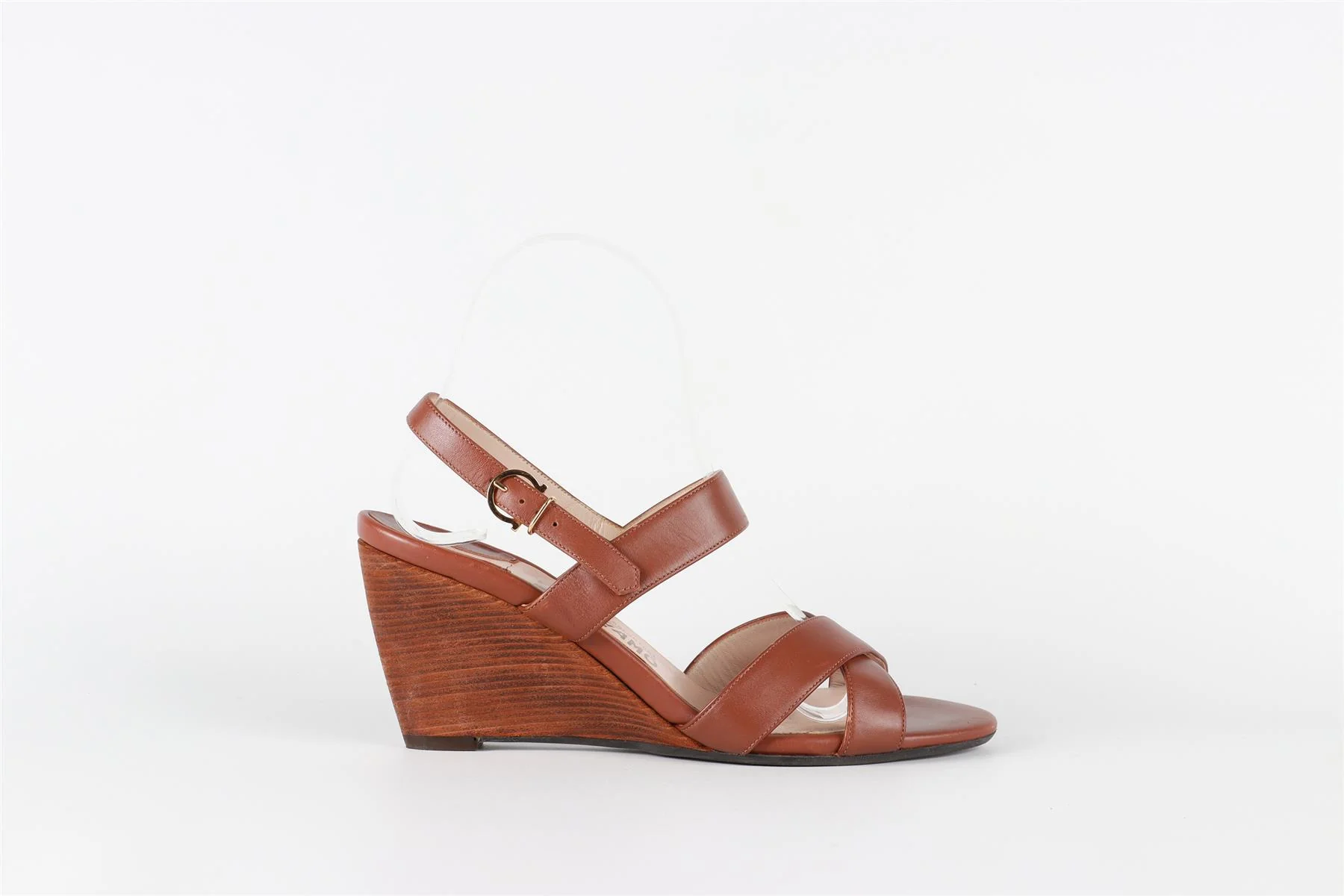 SALVATORE FERRAGAMO BROWN LEATHER WEDGE SANDALS EU 37 UK 4 US 7 - Image 2