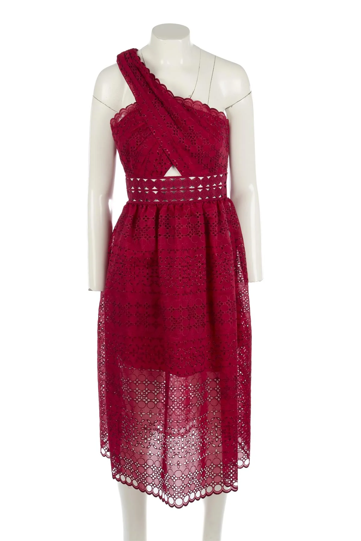 SELF-PORTRAIT BURGUNDY BRODERIE ANGLAISE MIDI DRESS UK 10 - Image 2