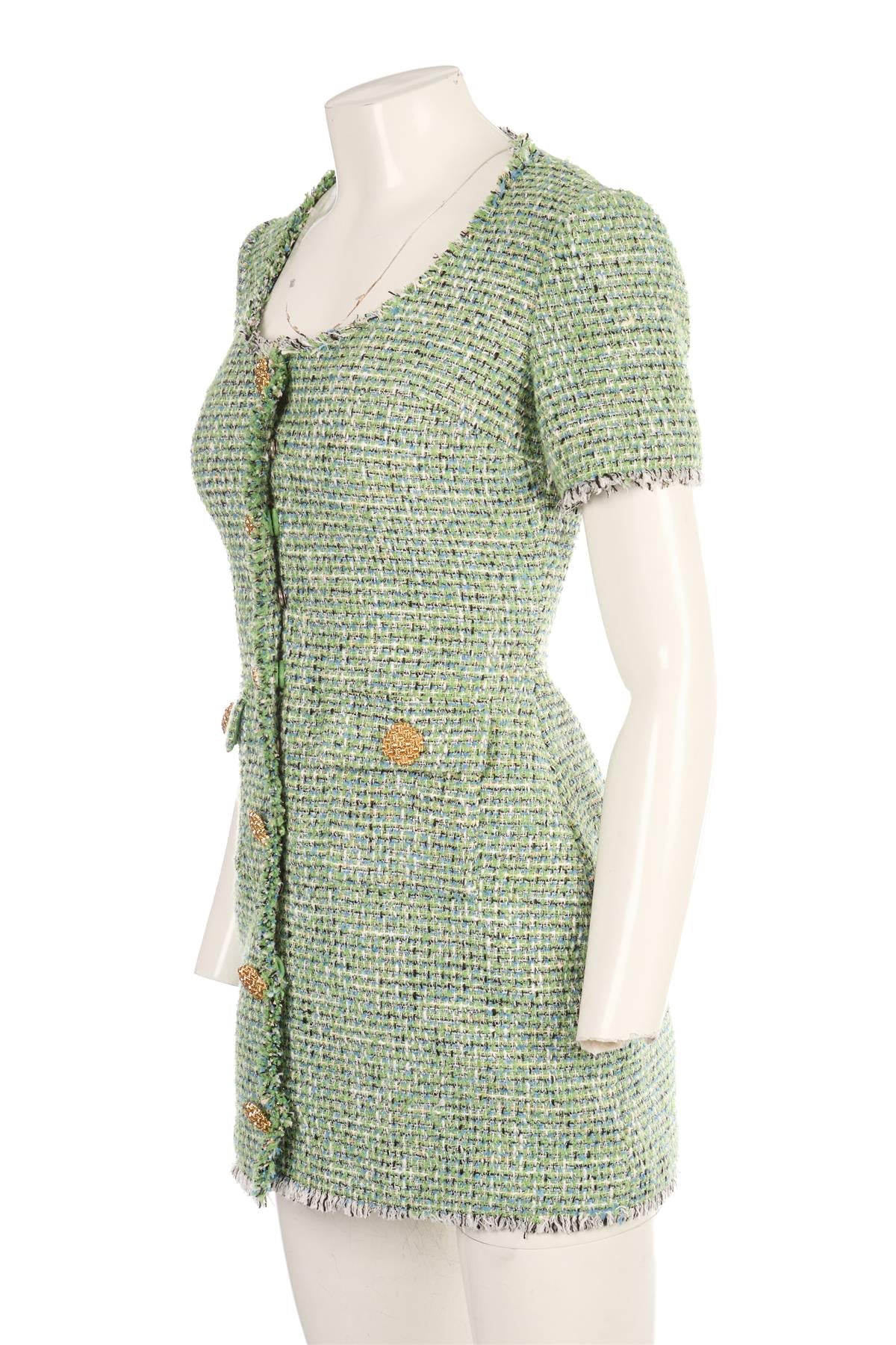 SELF-PORTRAIT GREEN TWEED MINI DRESS UK 6 - Image 3