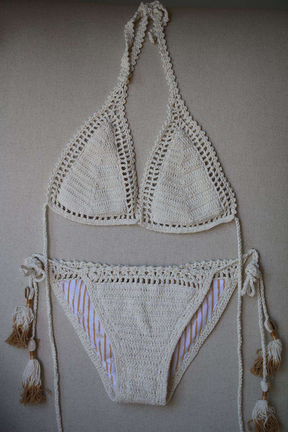 SHE MADE ME CROCHETED COTTON TRIANGLE BIKINI S/M M/L - Image 3