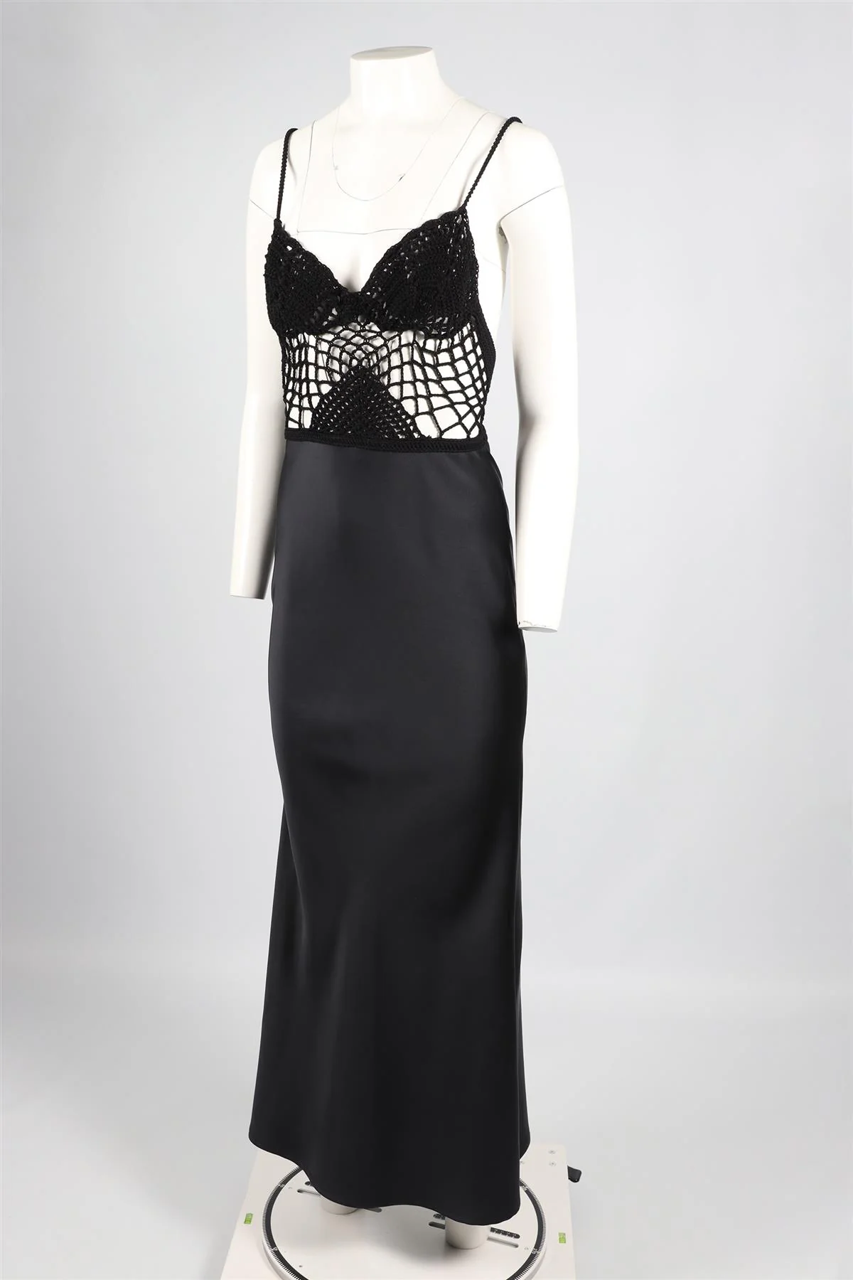 SILVIA ASTORE BLACK CROCHET AND SATIN MAXI DRESS SMALL - Image 3
