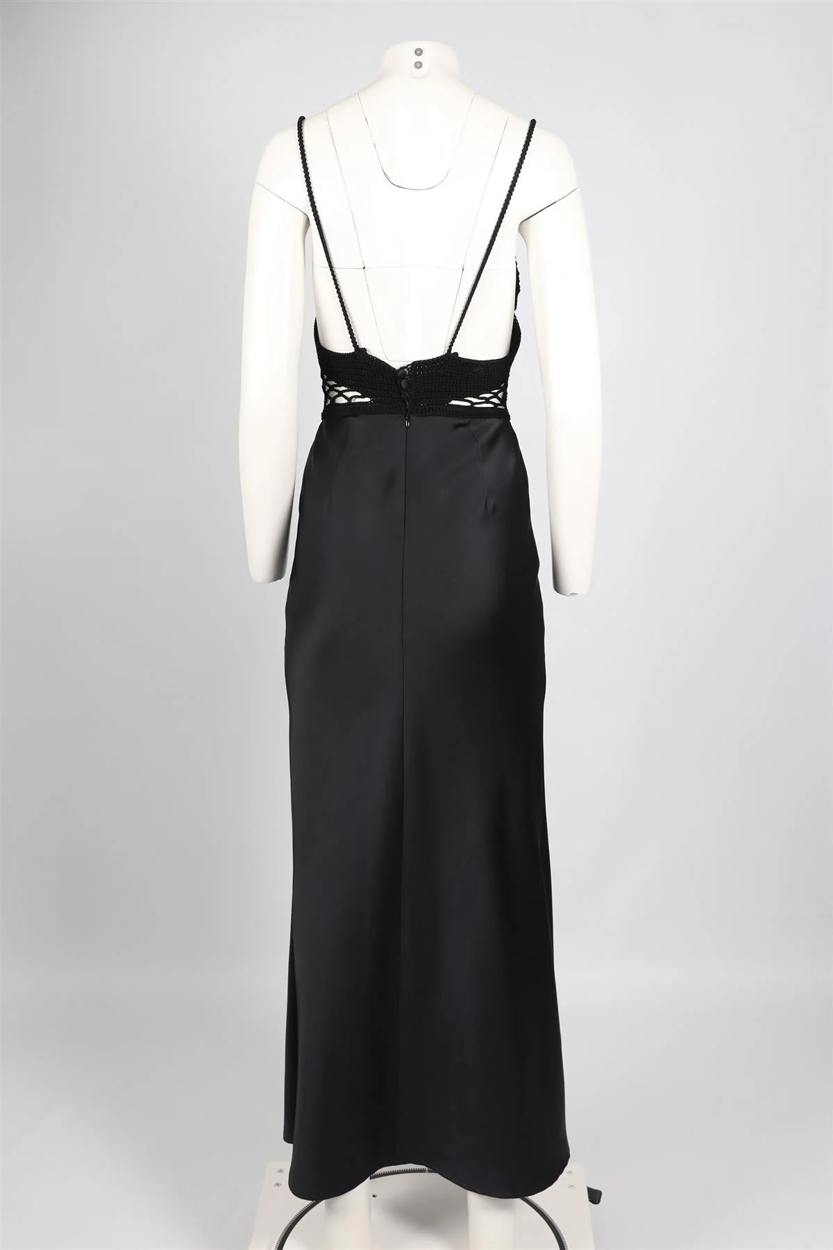 SILVIA ASTORE BLACK CROCHET AND SATIN MAXI DRESS SMALL - Image 4