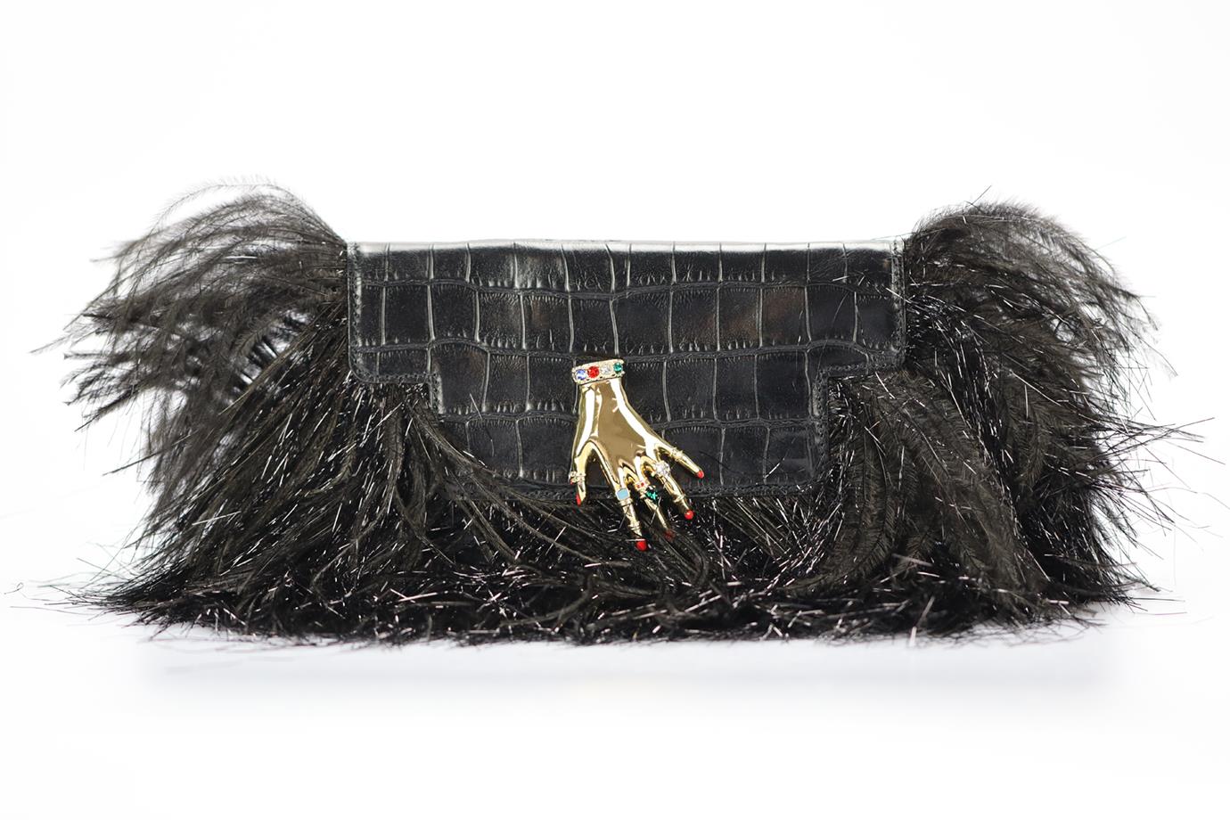 SONIA RYKIEL FEATHER TRIMMED CROC EFFECT LEATHER CLUTCH - Image 2