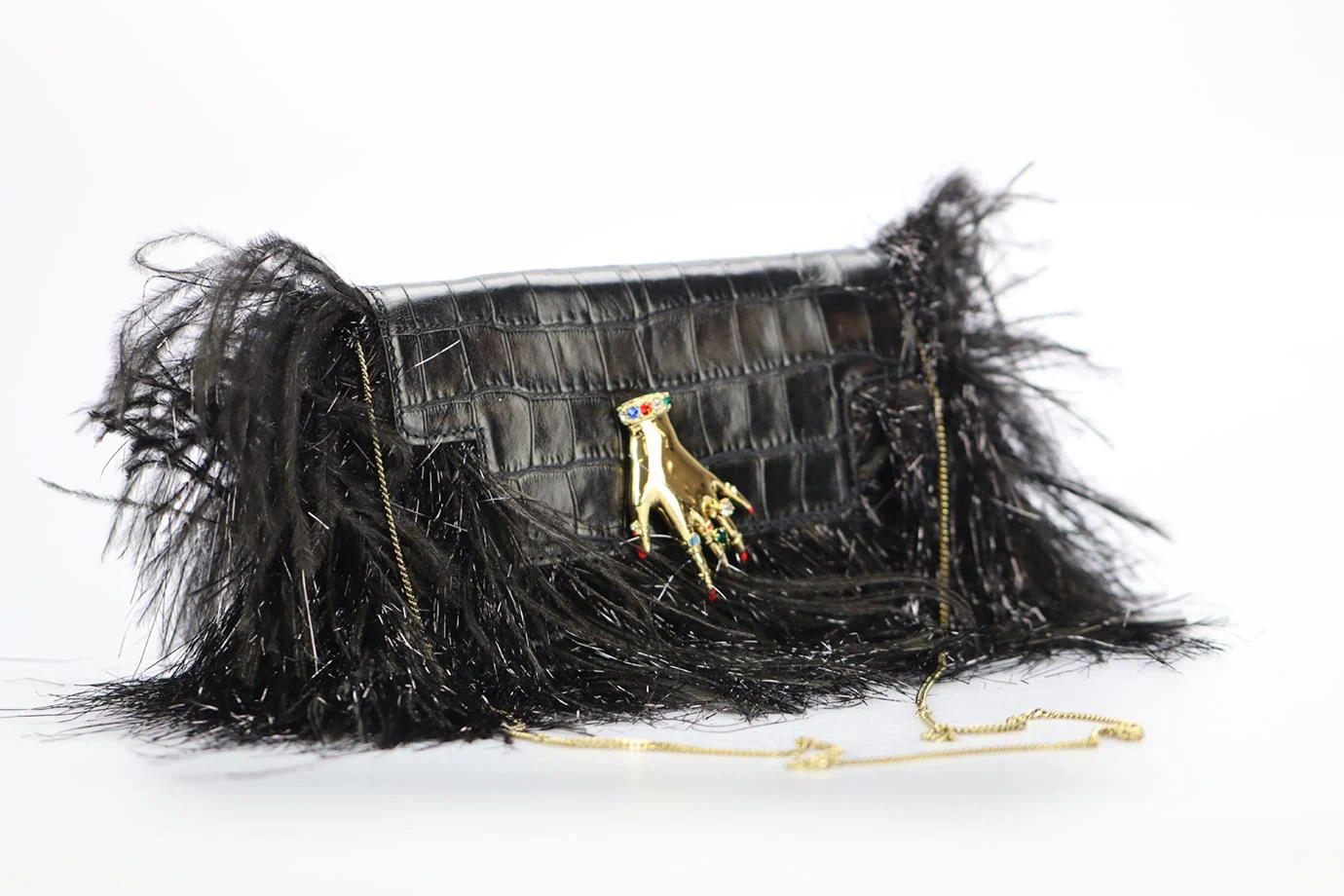 SONIA RYKIEL FEATHER TRIMMED CROC EFFECT LEATHER CLUTCH - Image 8