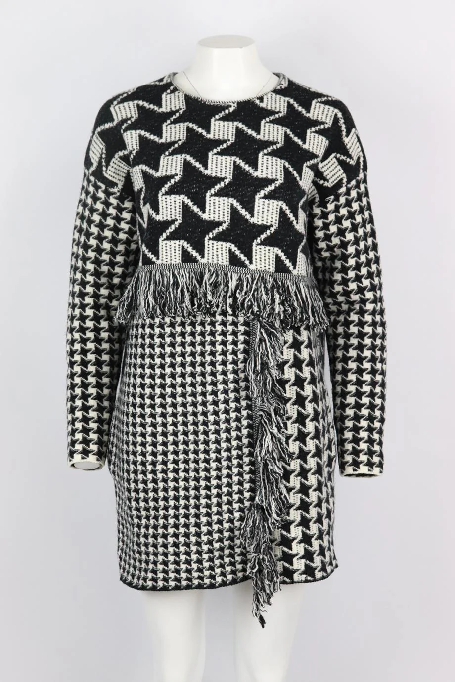 STELLA MCCARTNEY FRINGED HOUNDSTOOTH WOOL MINI DRESS IT 40 UK 8 - Image 2