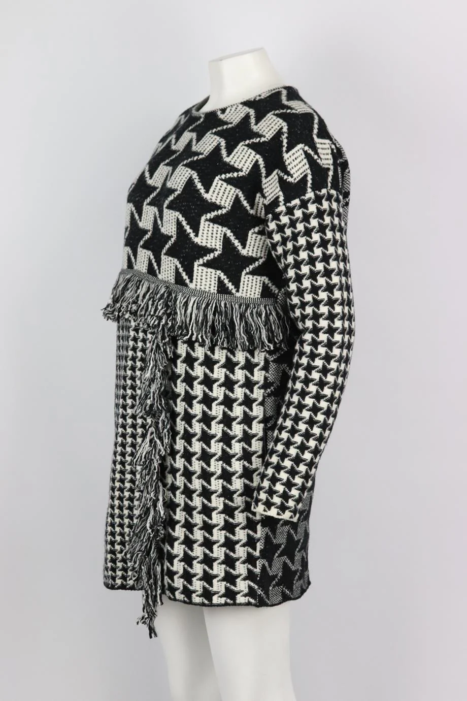 STELLA MCCARTNEY FRINGED HOUNDSTOOTH WOOL MINI DRESS IT 40 UK 8 - Image 3