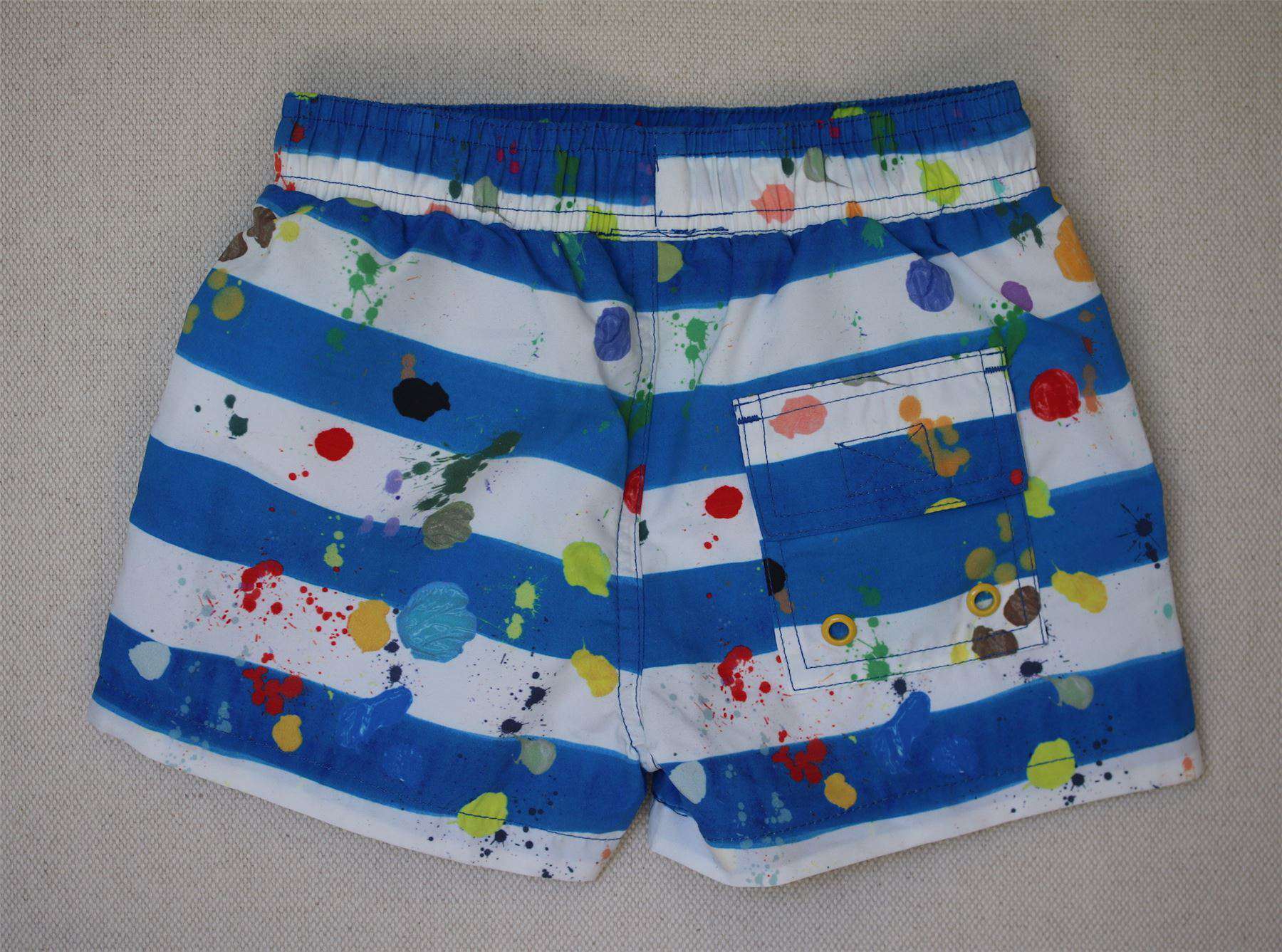 STELLA MCCARTNEY KIDS BOYS BLUE STRIPE PAINT SPLATTER SWIM SHORTS 18 MONTHS - Image 2