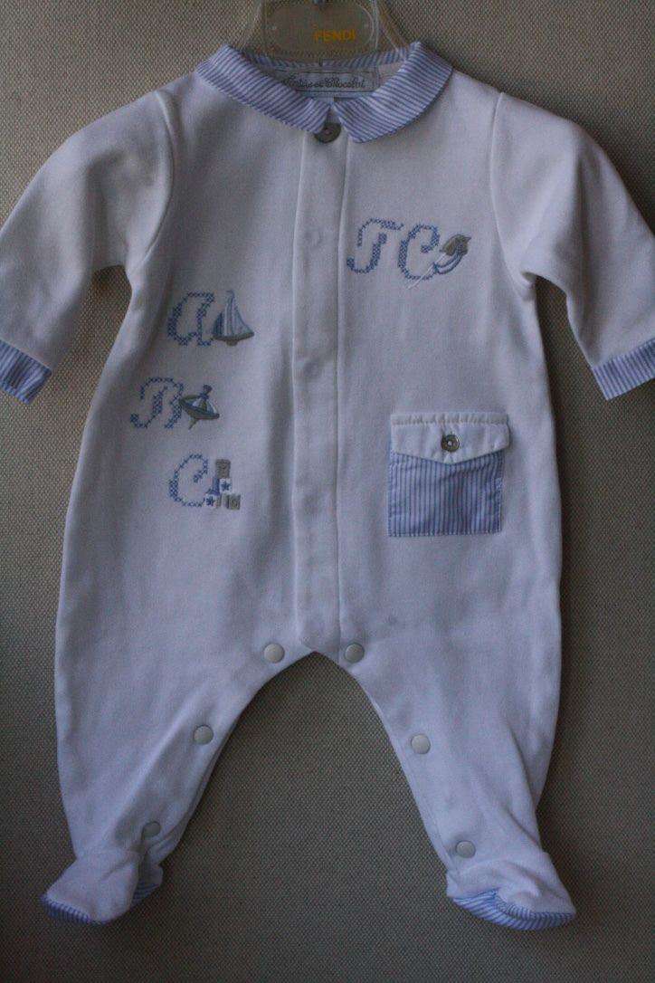 TARTINE ET CHOCOLAT BABY WHITE BLUE EMBROIDERY BABYGROW 3 MONTHS - Image 9