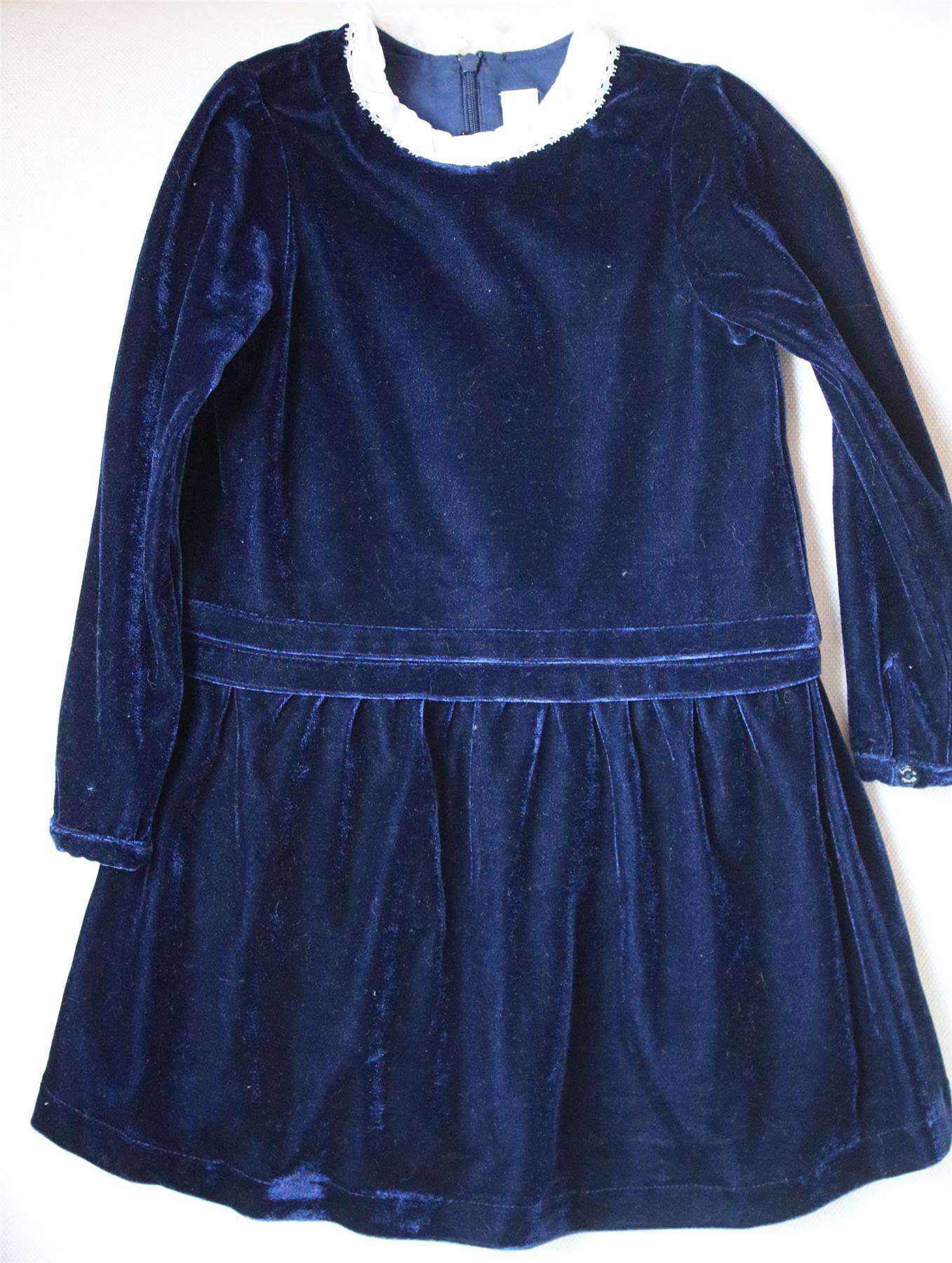 TARTINE ET CHOCOLAT GIRLS BLUE VELOUR DRESS WITH IVORY COLLAR 3 YEARS - Image 2