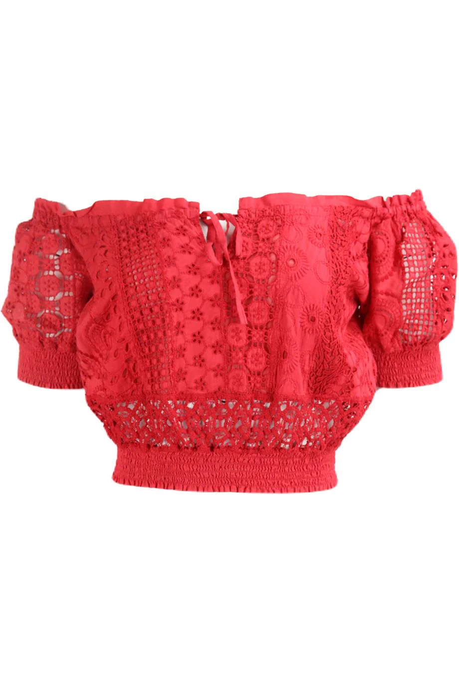 TEMPTATION POSITANO OFF THE SHOULDER CROPPED CROCHETED COTTON TOP MEDIUM