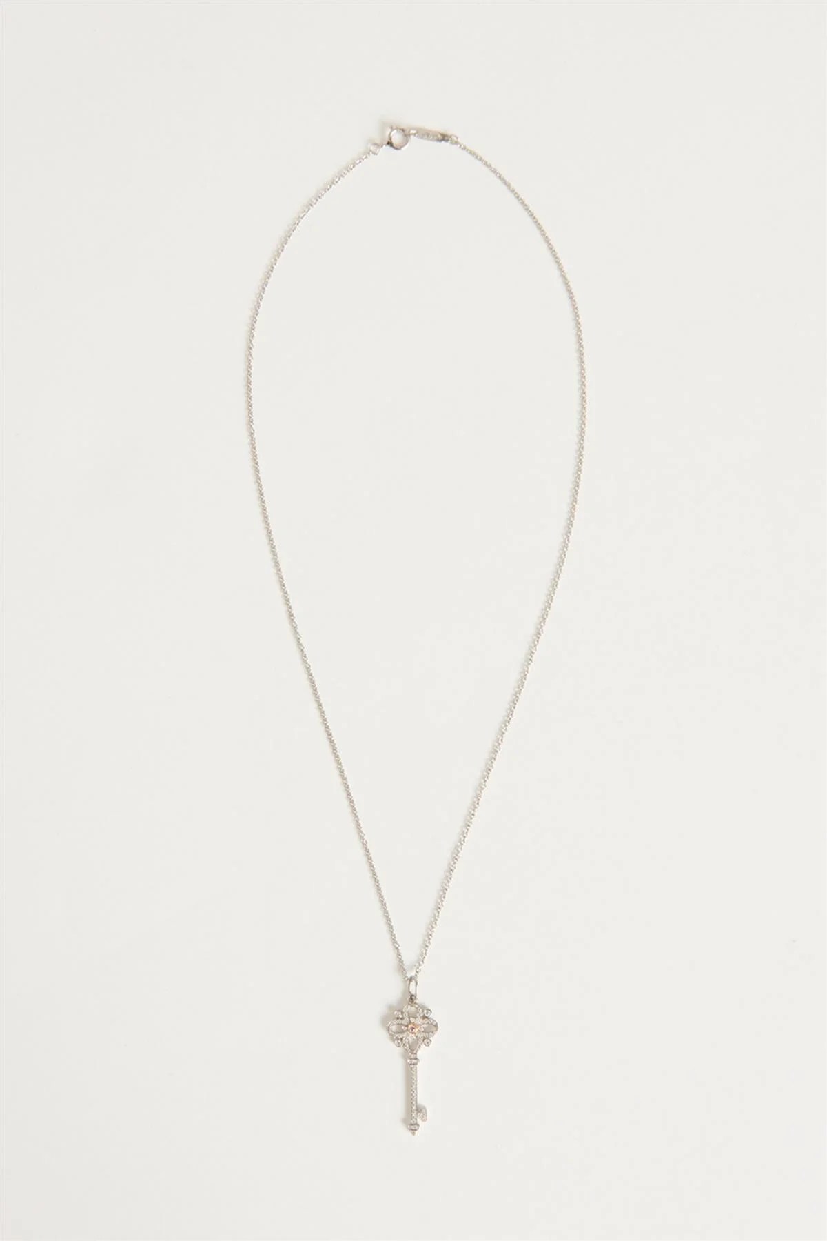 TIFFANY & CO. SILVER PLATINUM WHITE & PINK DIAMOND FLORET KEY NECKLACE - Image 2