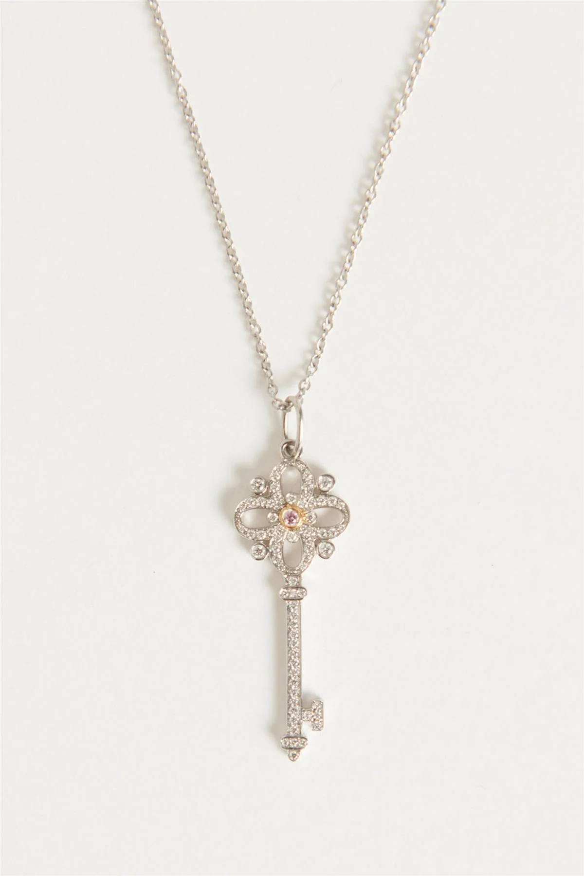 TIFFANY & CO. SILVER PLATINUM WHITE & PINK DIAMOND FLORET KEY NECKLACE - Image 3
