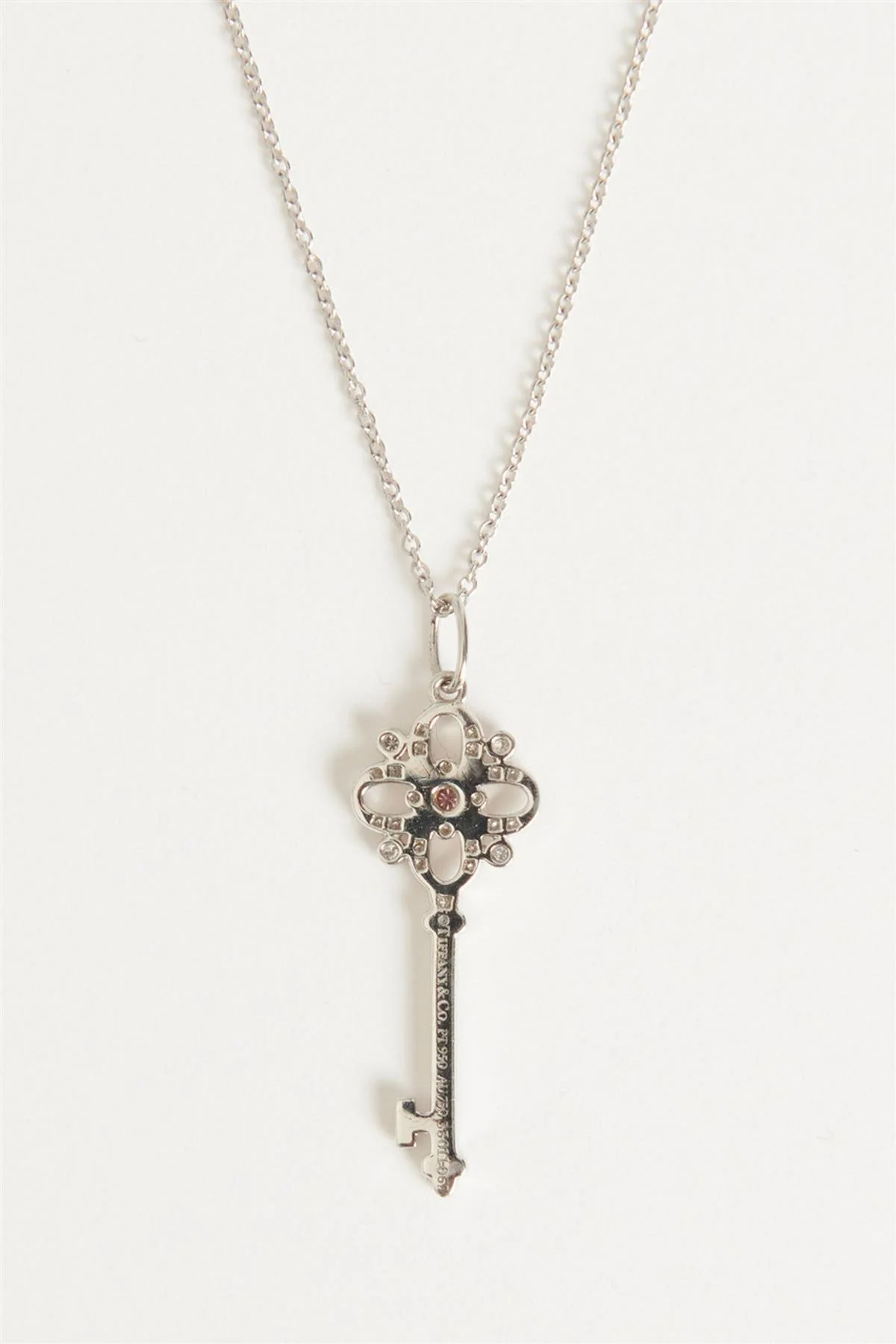 TIFFANY & CO. SILVER PLATINUM WHITE & PINK DIAMOND FLORET KEY NECKLACE - Image 4