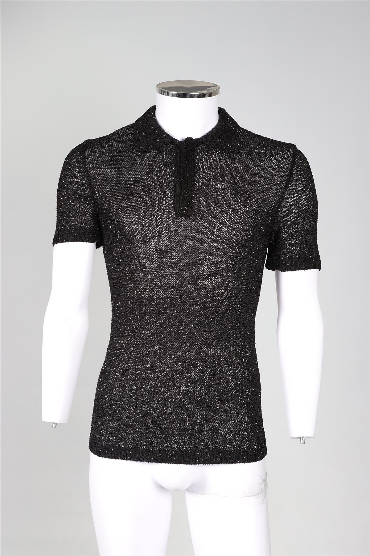 VALENTINO BLACK MEN'S SEQUIN AND KNIT POLO SHIRT MEDIUM - Image 2