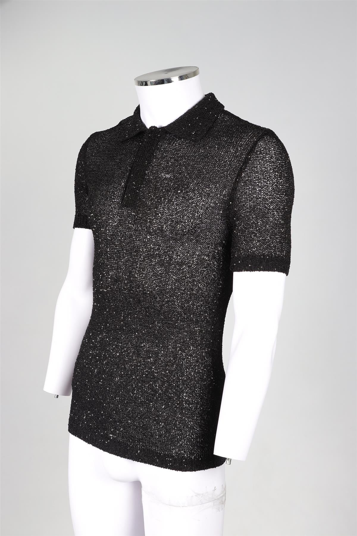 VALENTINO BLACK MEN'S SEQUIN AND KNIT POLO SHIRT MEDIUM - Image 3