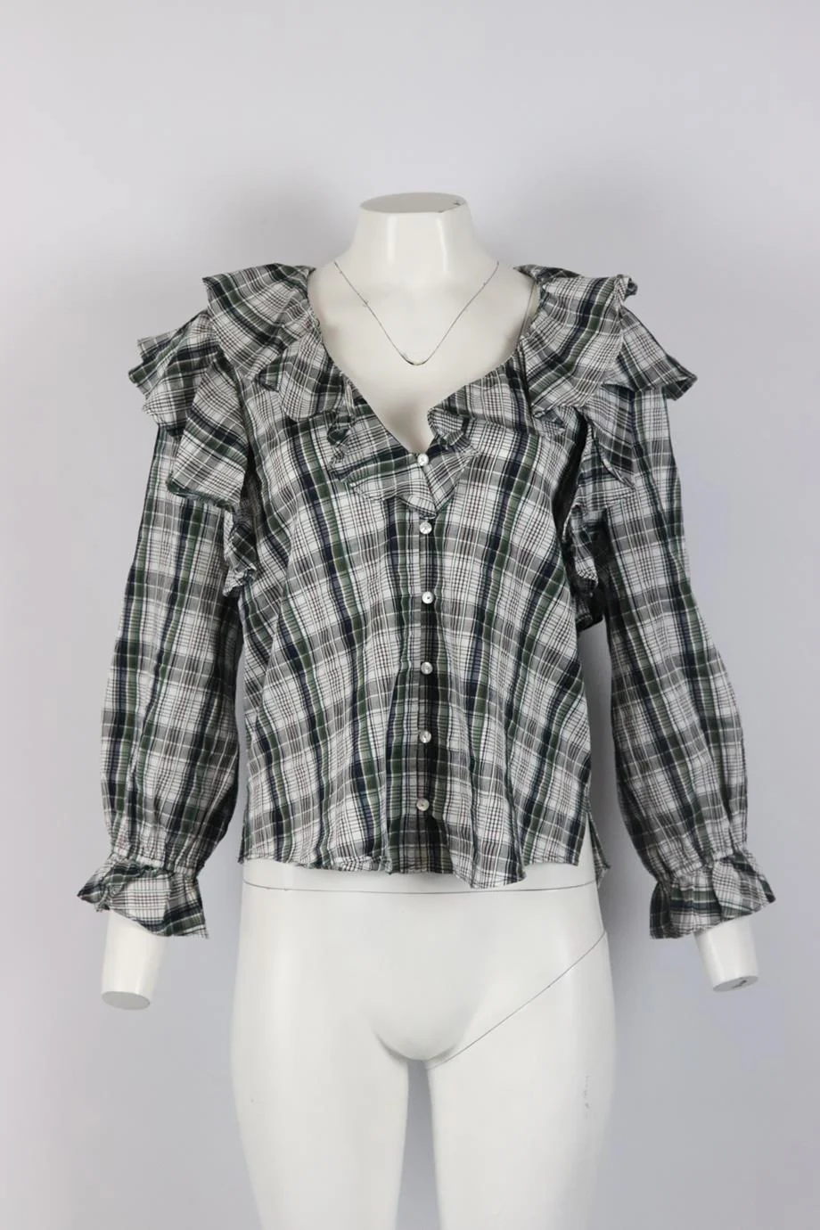 VERONICA BEARD RUFFLED CHECKED COTTON BLOUSE US 12 UK 16 - Image 2